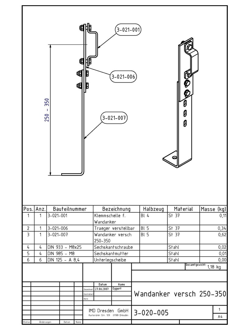 ID 4-020-005 Wandanker verschiebbar 250mm bis 350mm